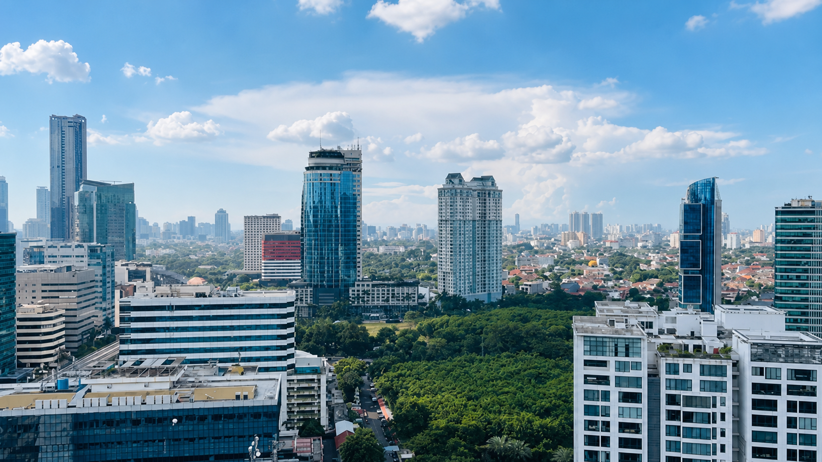 Vista urbana com edifícios e área verde